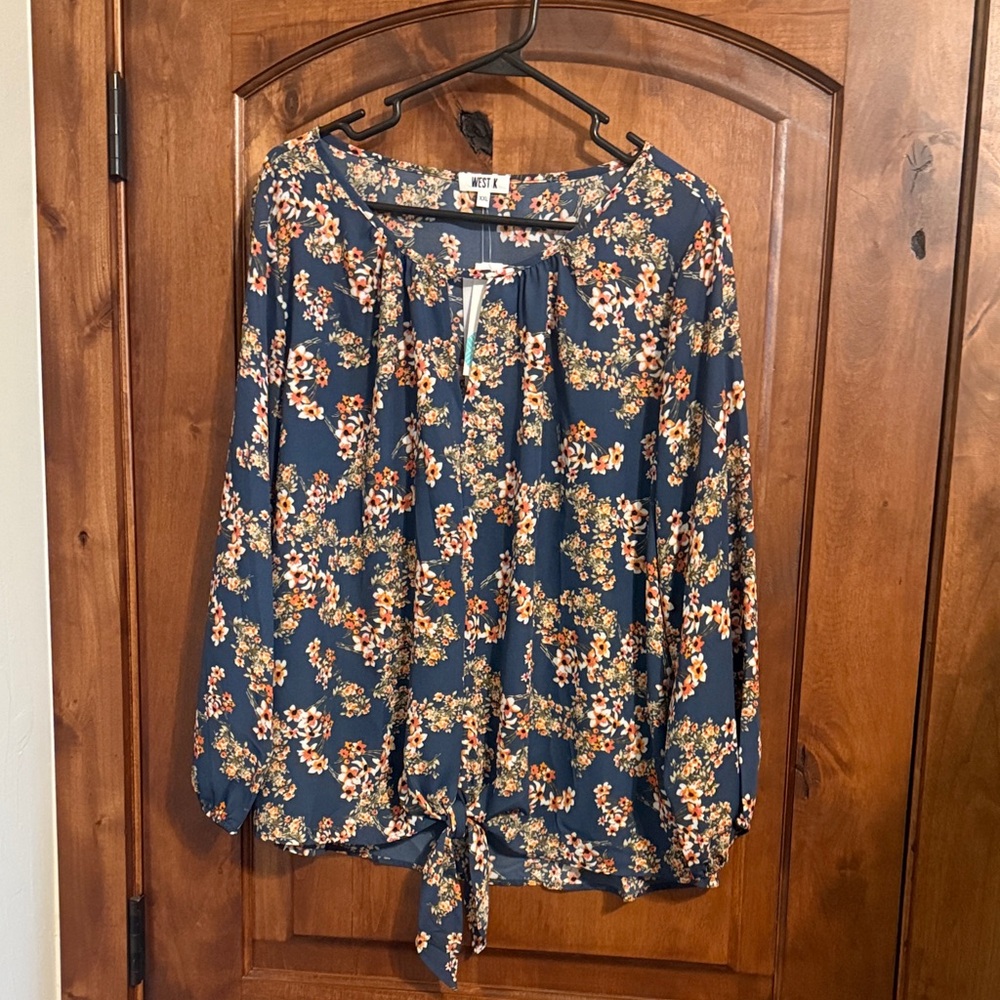 West K Floral Print Blouse in Navy and Orange